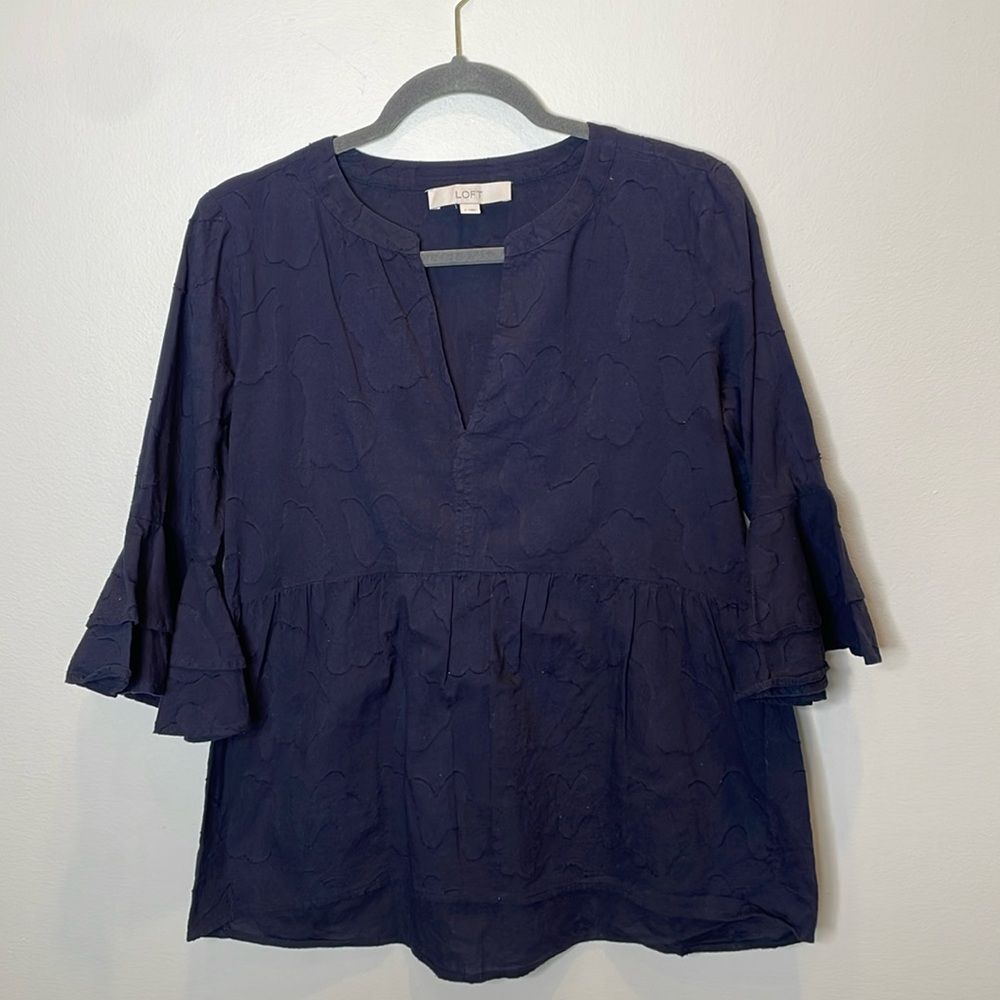 Ann Taylor Loft Navy Blue V-Neck Bell Sleeve Top Size Small